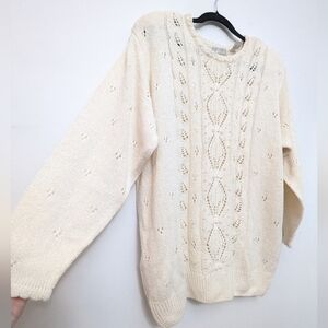 Vintage Cream Open knit Pearl Embellished Silk Sweater 3X Coquette Romantic
